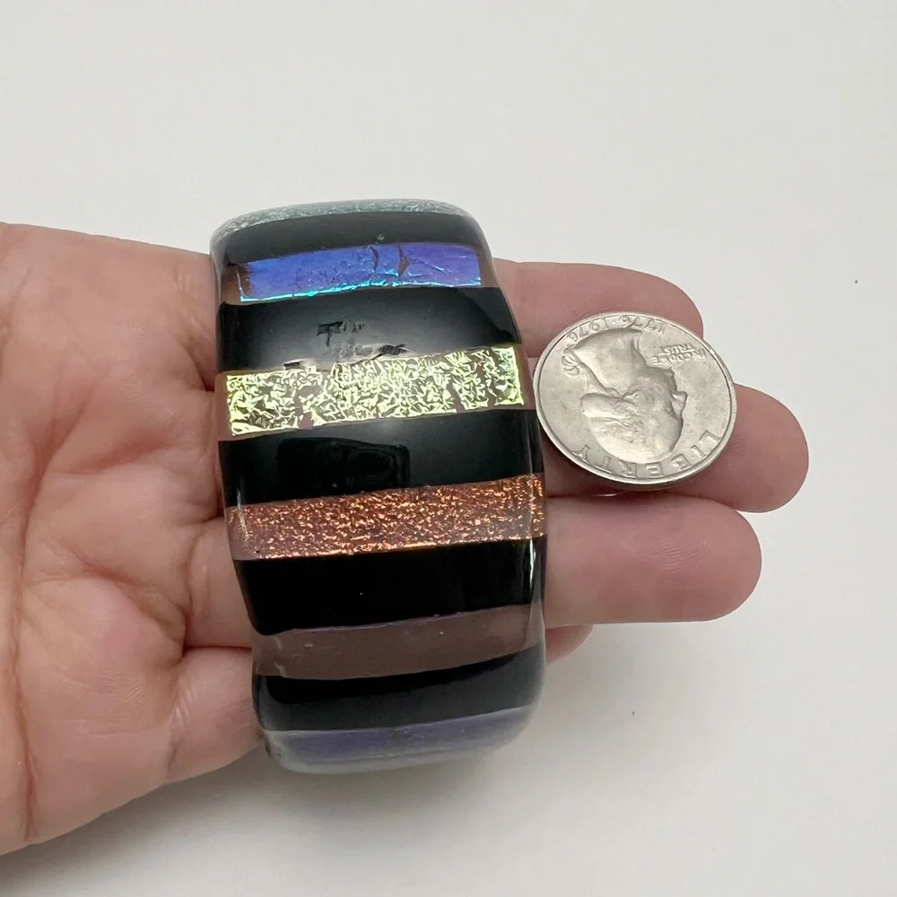 Handmade Glass Black Rainbow Dichroic Iridescent Stripe Cuff Bracelet Denmark